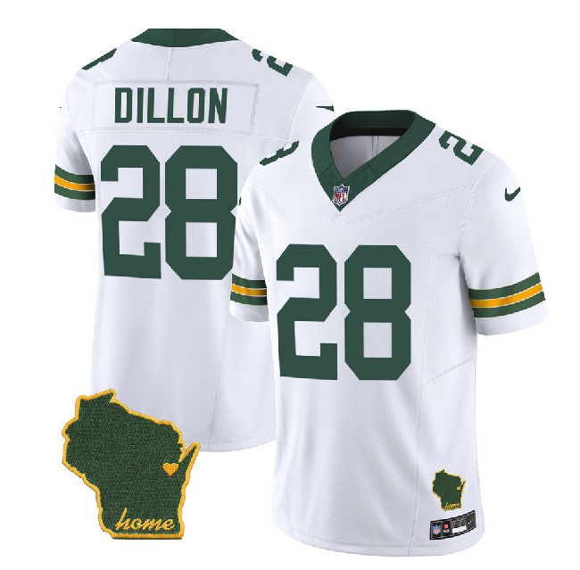Men's Green Bay Packers #28 A.J. Dillon White Home Patch 2023 F.U.S.E. Vapor Untouchable Limited Stitched Jersey
